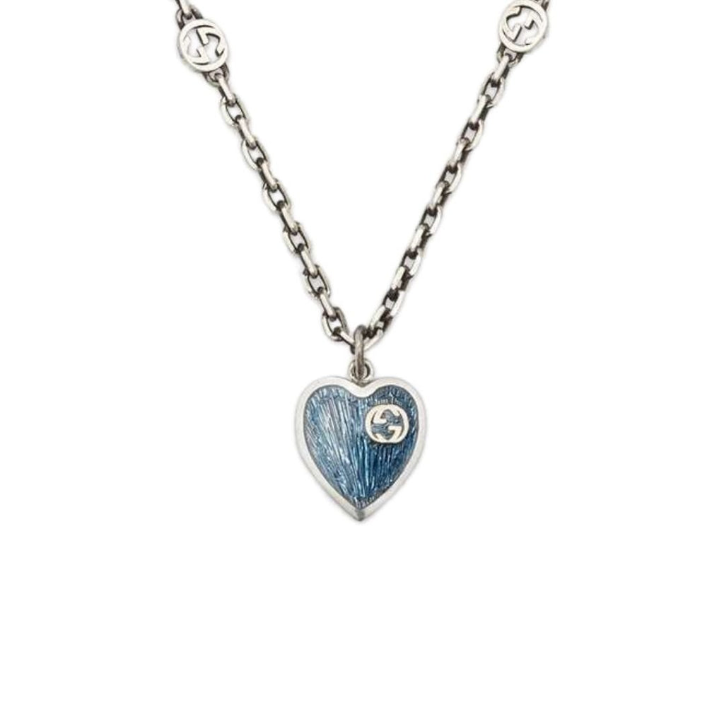 GUCCI HEARTS STERLING SILVER BLUE ENAMEL PENDANT NECKLACE